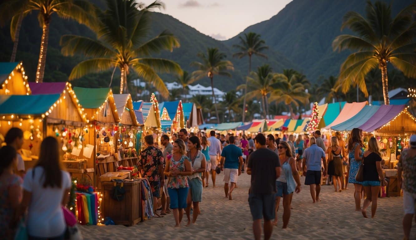 Colorful holiday craft booths line the beach, adorned with festive decorations and twinkling lights. Visitors browse through unique handmade gifts while enjoying the warm Hawaiian breeze