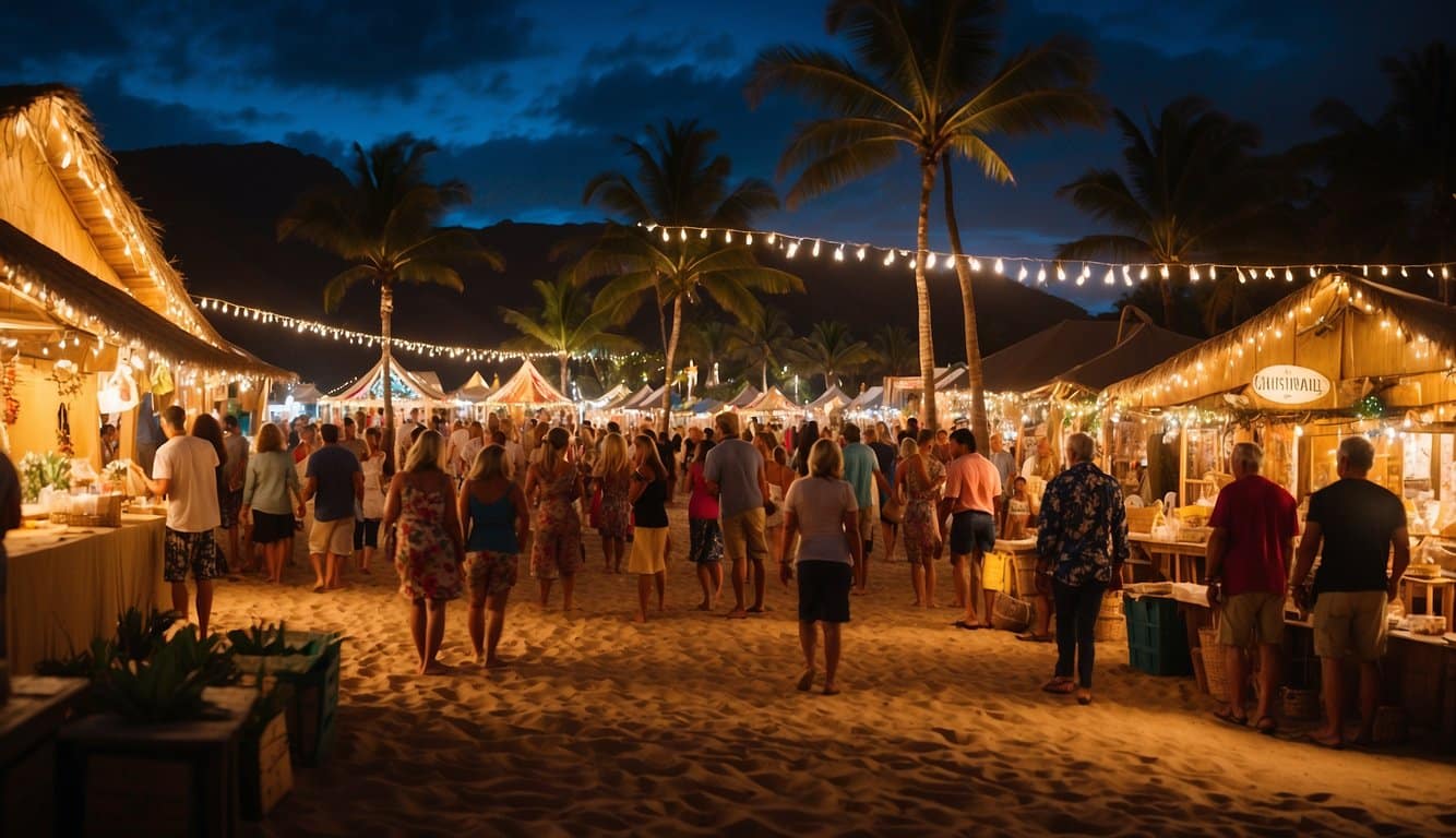 Colorful stalls line the sandy beach, adorned with festive decorations and twinkling lights. Palm trees sway in the warm breeze as visitors browse through handmade crafts and gifts at the Maui Gift and Craft Fair Christmas Markets in Hawaii 2024