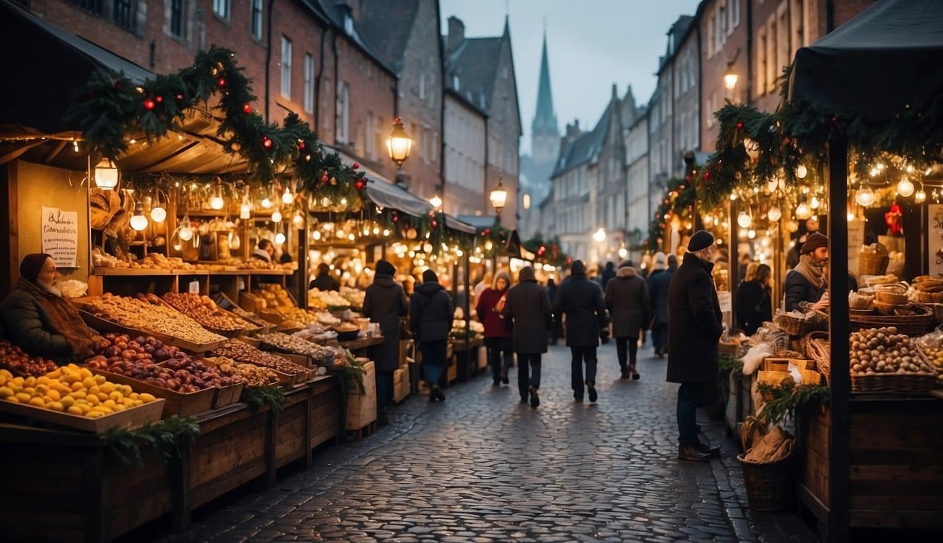 Bustling market stalls line the cobblestone streets, adorned with twinkling lights and festive decorations. The air is filled with the scent of mulled wine and roasted chestnuts, as visitors browse the array of handcrafted gifts and seasonal treats