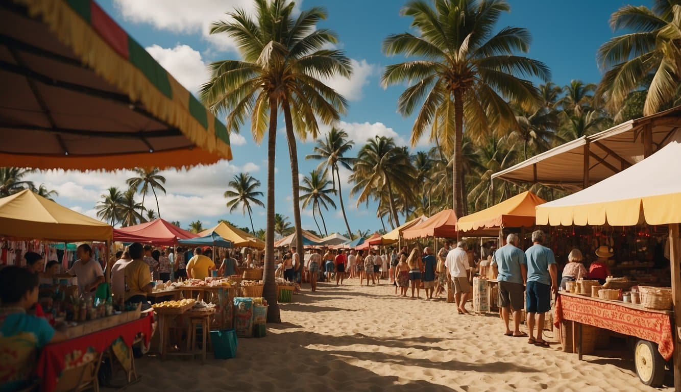 Colorful stalls line the beach, adorned with Hawaiian Christmas decorations. Palm trees sway in the warm breeze as visitors browse the festive market