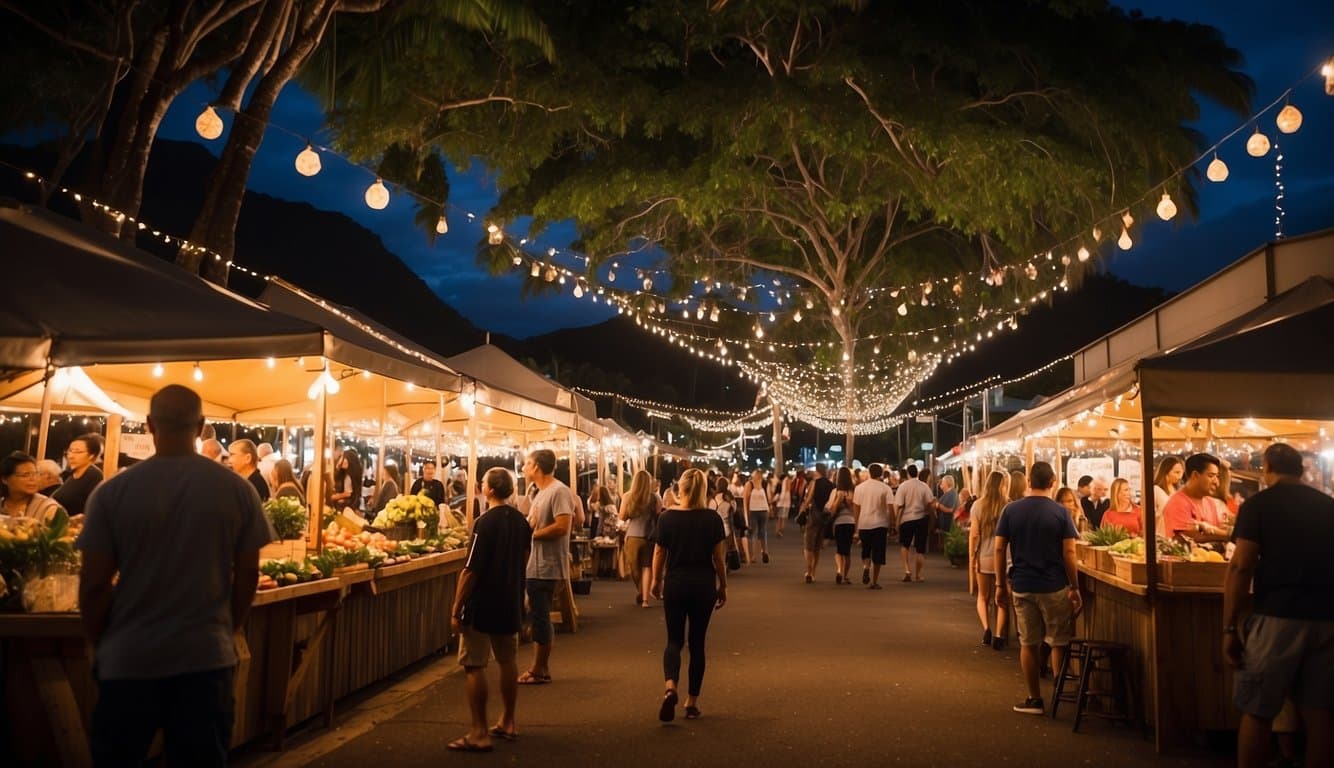 A festive scene at North Shore Country Christmas Markets in Hawaii 2024, with twinkling lights, decorated stalls, and a warm holiday atmosphere