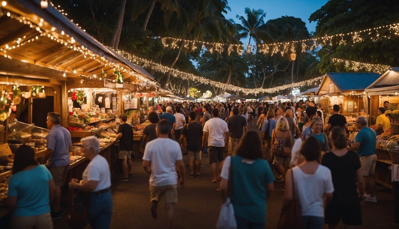 A bustling Christmas market in Haleiwa, Hawaii, with colorful stalls, twinkling lights, and festive decorations. Visitors browse local crafts and sample delicious treats