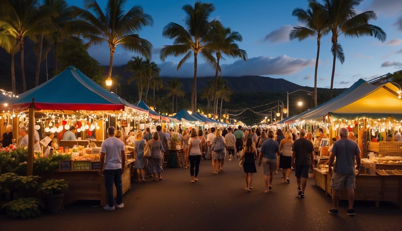 A festive Christmas market in Waikoloa, Hawaii, with colorful stalls, twinkling lights, and palm trees. Visitors browse handmade crafts and sample local treats