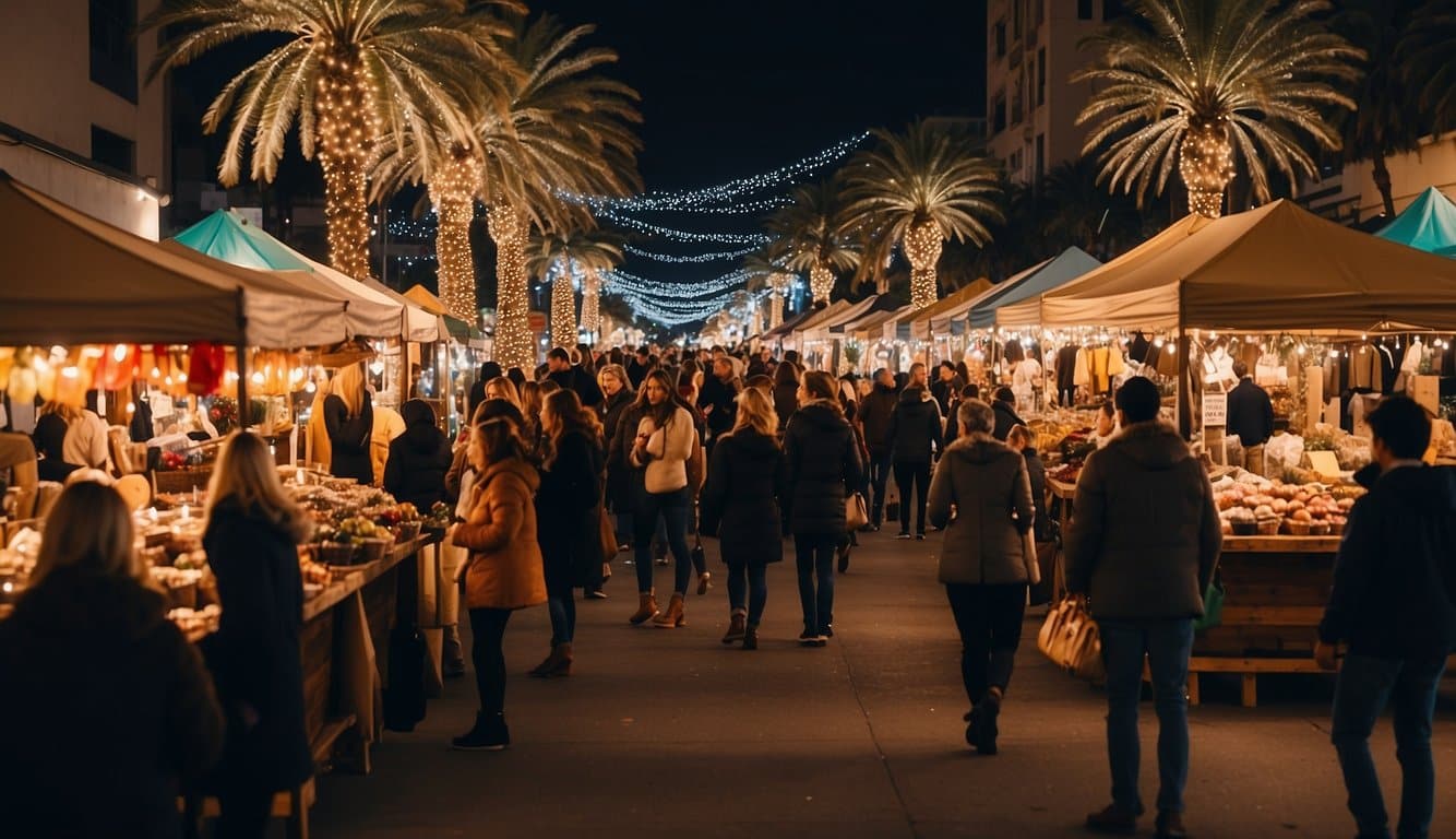 Vibrant holiday market with colorful stalls, twinkling lights, and festive decorations. Palm trees sway in the background as visitors browse through handmade crafts and sample local treats