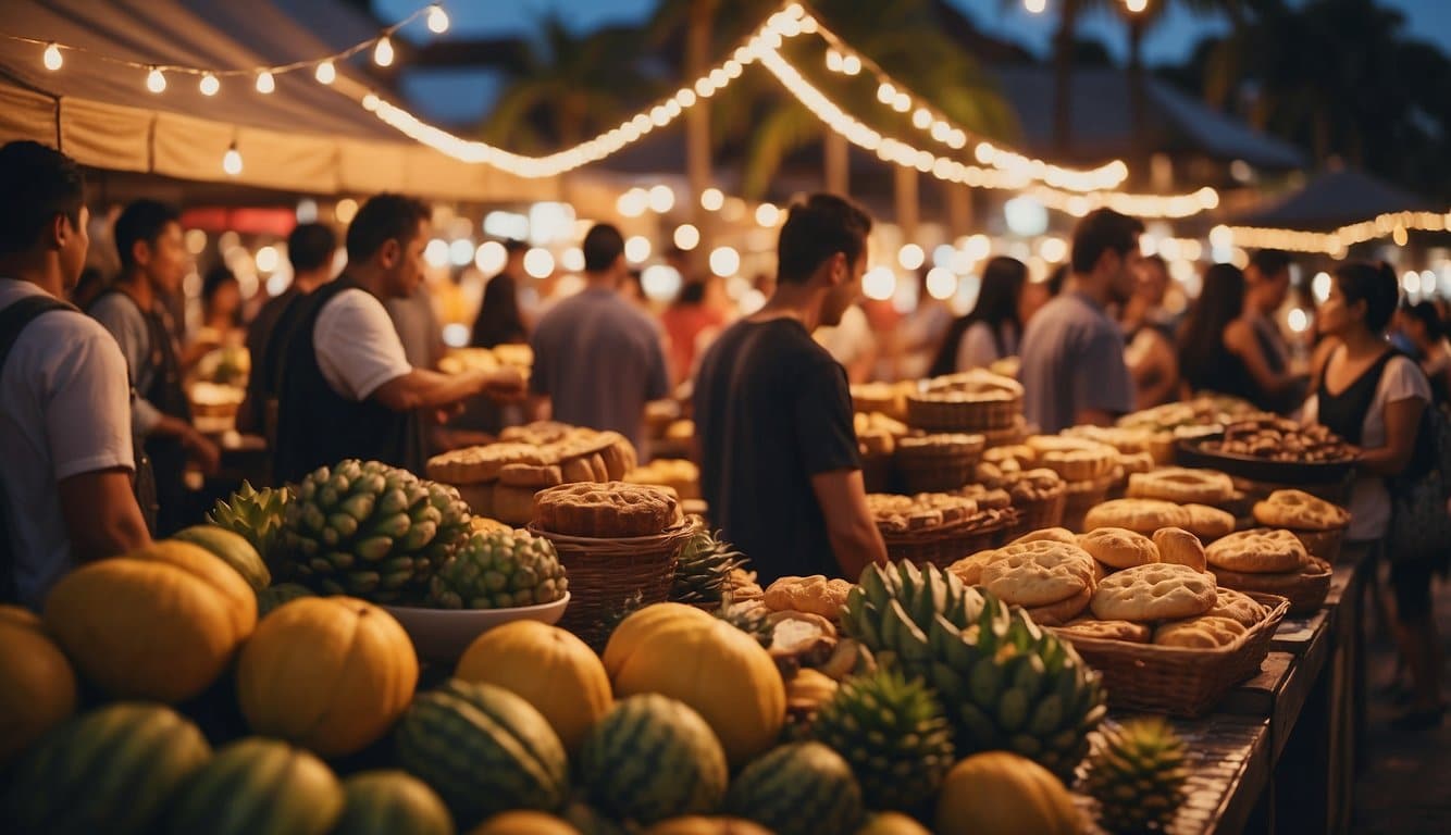 A festive night market with twinkling lights, local vendors selling handmade crafts, and live music filling the air. The scent of freshly baked goods mingles with the warm, tropical breeze