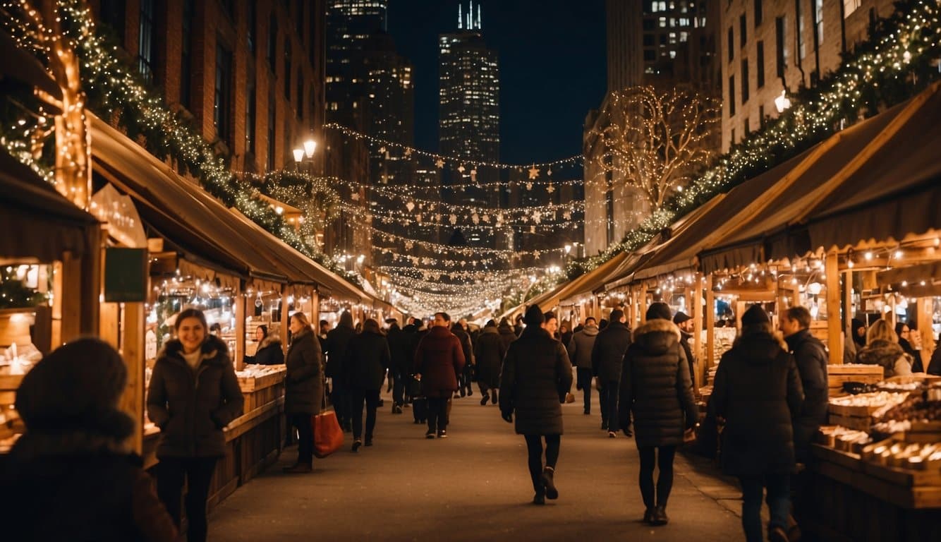 The bustling Christkindlmarket in Chicago, Illinois, is adorned with twinkling lights, festive decorations, and charming wooden stalls selling holiday treats and gifts