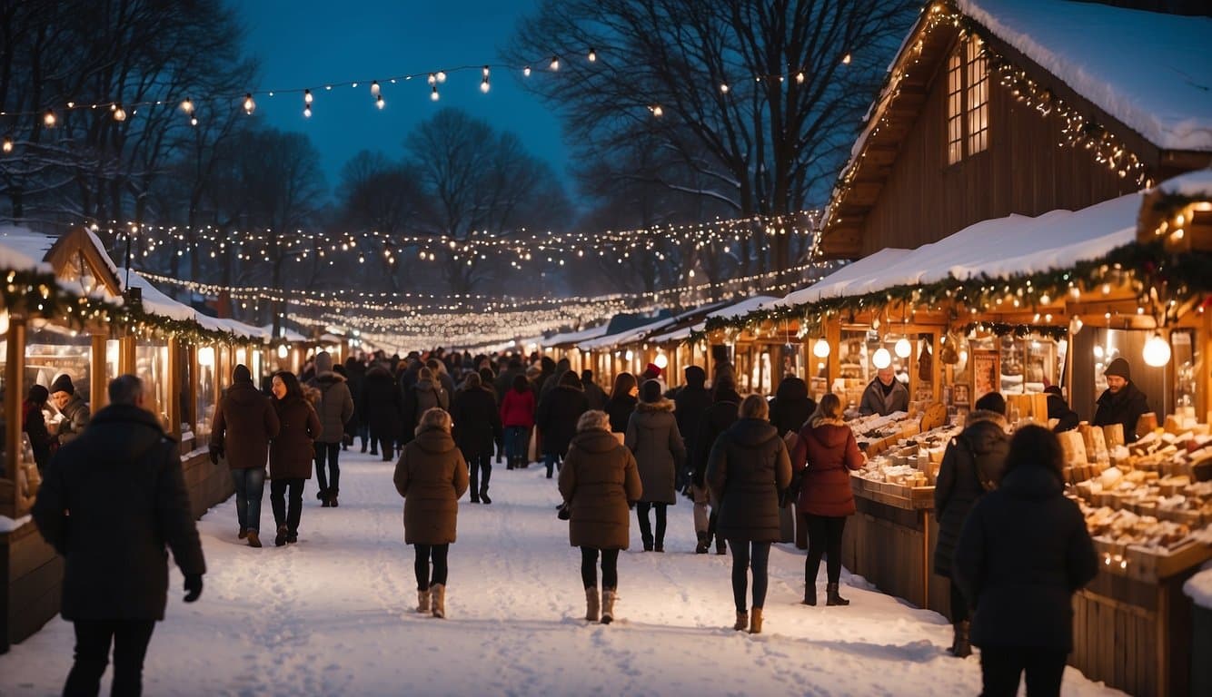 Festive stalls line snowy streets, adorned with twinkling lights. Visitors sip hot cocoa and browse handmade crafts at Christmas Markets Illinois 2024