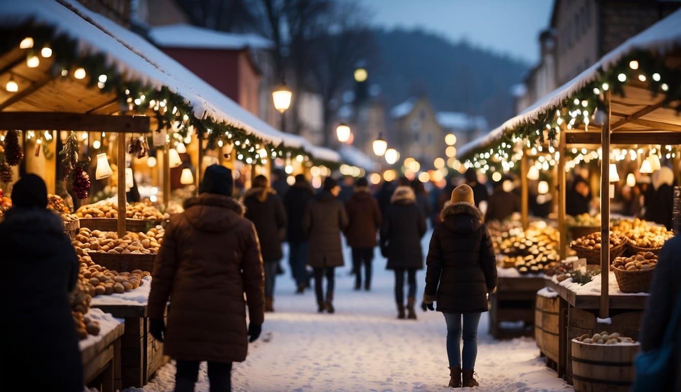 Snow-covered chalets line the cobblestone streets, adorned with twinkling lights and festive decorations. The scent of mulled wine and roasted chestnuts fills the air, as joyful carolers sing in the background