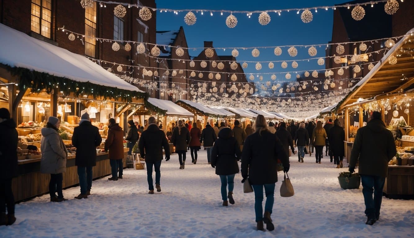 Snow-covered market stalls at Sycamore Winter Market, adorned with twinkling lights and festive decorations, bustling with shoppers and vendors