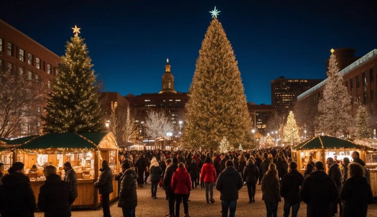 A large crowd gathers in a plaza at night, surrounding illuminated Christmas trees and festive market stalls decorated with lights.