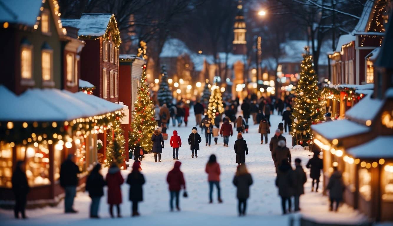 A festive Christmas village with twinkling lights and bustling market stalls in Philadelphia, Pennsylvania. Snow-covered buildings and holiday decorations create a cozy atmosphere