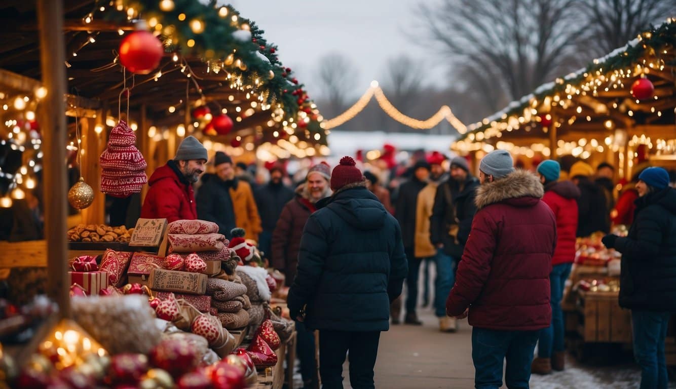 The bustling Kris Kringle Market in Elgin, Illinois is filled with colorful stalls selling festive ornaments, twinkling lights, and the warm aroma of spiced mulled wine