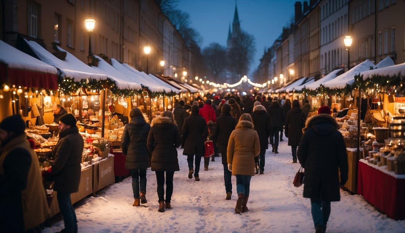 The Mistletoe Market bustles with festive energy, adorned with twinkling lights and colorful stalls. The scent of spiced cider and freshly baked goods fills the air, as visitors browse handmade crafts and seasonal gifts