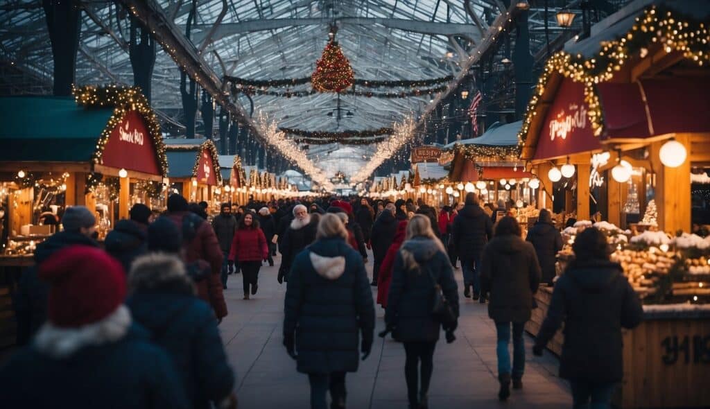 People strolling through a festive holiday market with decorated stalls, string lights, and a large Christmas tree hanging from the ceiling in the center. Experience the magic of Christmas Markets Illinois 2024 with friends and family.