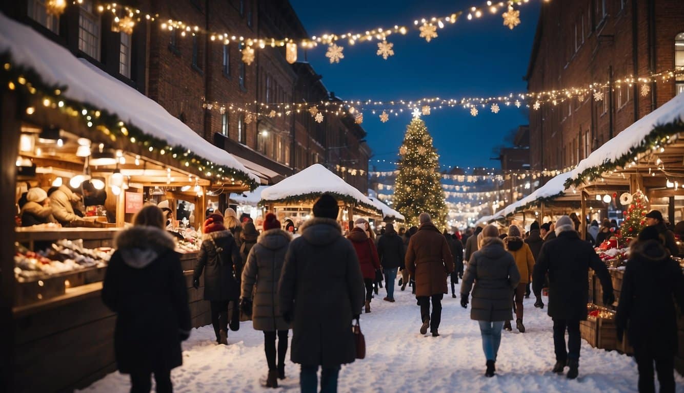 Snow-covered stalls line the streets, adorned with twinkling lights and festive decorations. A giant Christmas tree stands tall in the center, surrounded by joyful shoppers and the sound of holiday music