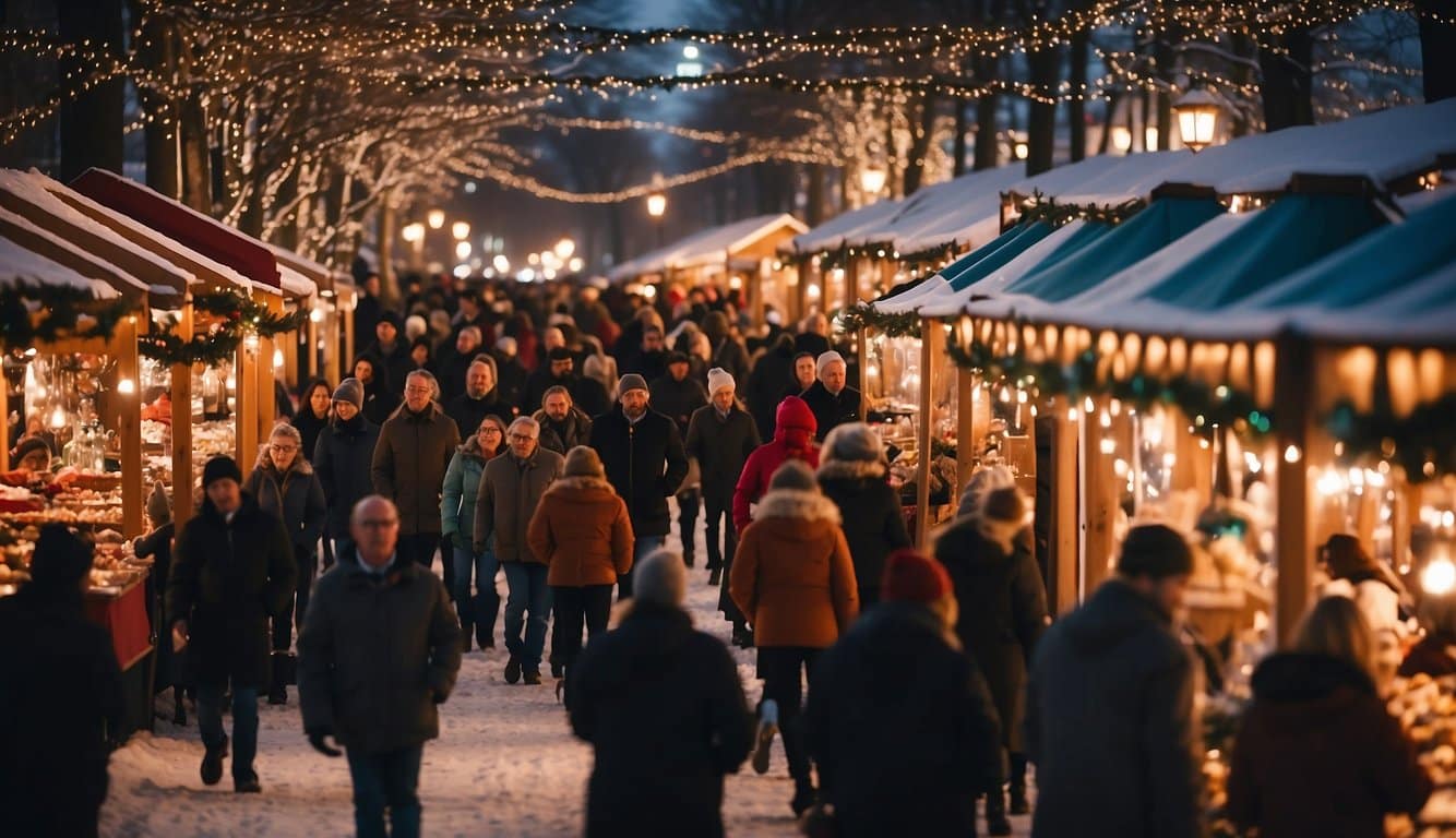 Crowds browse festive stalls at Iowa Christmas Markets 2024, savoring seasonal treats and admiring colorful decorations under twinkling lights