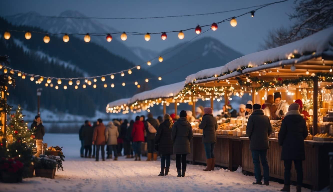 Festive lights reflect on the calm lake. Snow-covered market stalls line the shore, with visitors browsing and sipping hot drinks. A cozy atmosphere fills the air, as carolers sing and the scent of holiday treats wafts through the scene