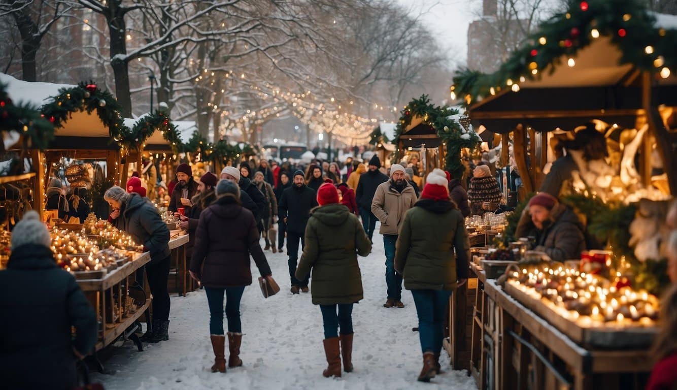 The Jingle Bell Market bustles with festive activity as vendors sell handcrafted ornaments and visitors enjoy hot cocoa and holiday music