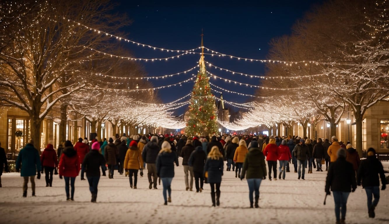 The Heritage Farm Christmas Market in Decorah, Iowa is bustling with festive activity. The market is filled with twinkling lights, colorful decorations, and the sound of holiday music. The aroma of hot cocoa and freshly baked goods fills the air as visitors browse