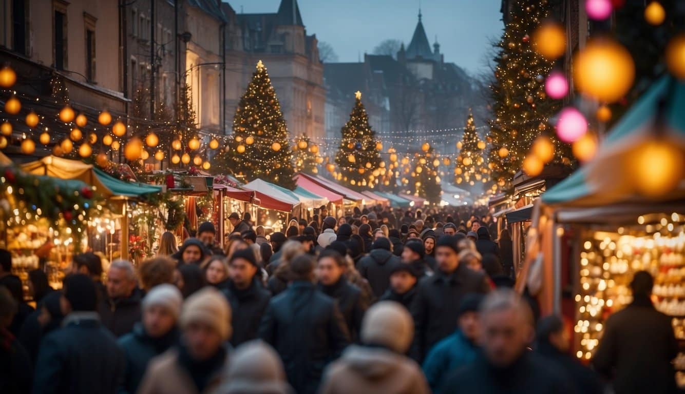 Crowded market with colorful stalls, festive decorations, and twinkling lights. A mix of people browsing and shopping for unique holiday gifts