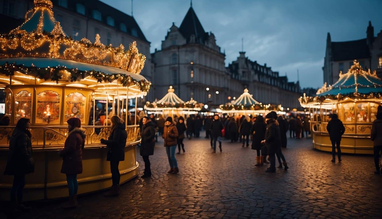 People crowd around illuminated stalls at an outdoor holiday market in the evening, with historic buildings in the background, capturing the festive spirit of Christmas Markets Iowa 2024.