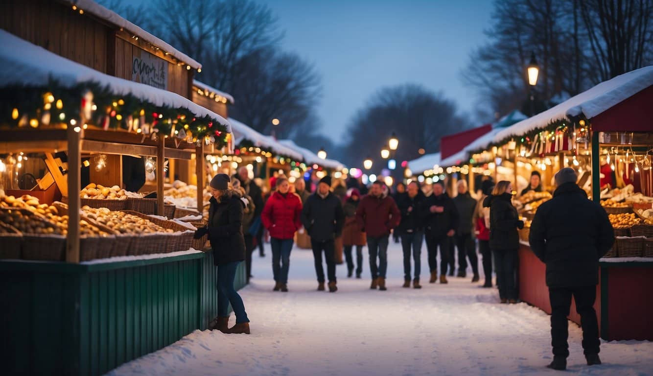 Colorful stalls line snowy streets at Davenport Christkindlmarkt, Iowa. Festive lights twinkle, and the scent of mulled wine and roasted nuts fills the air