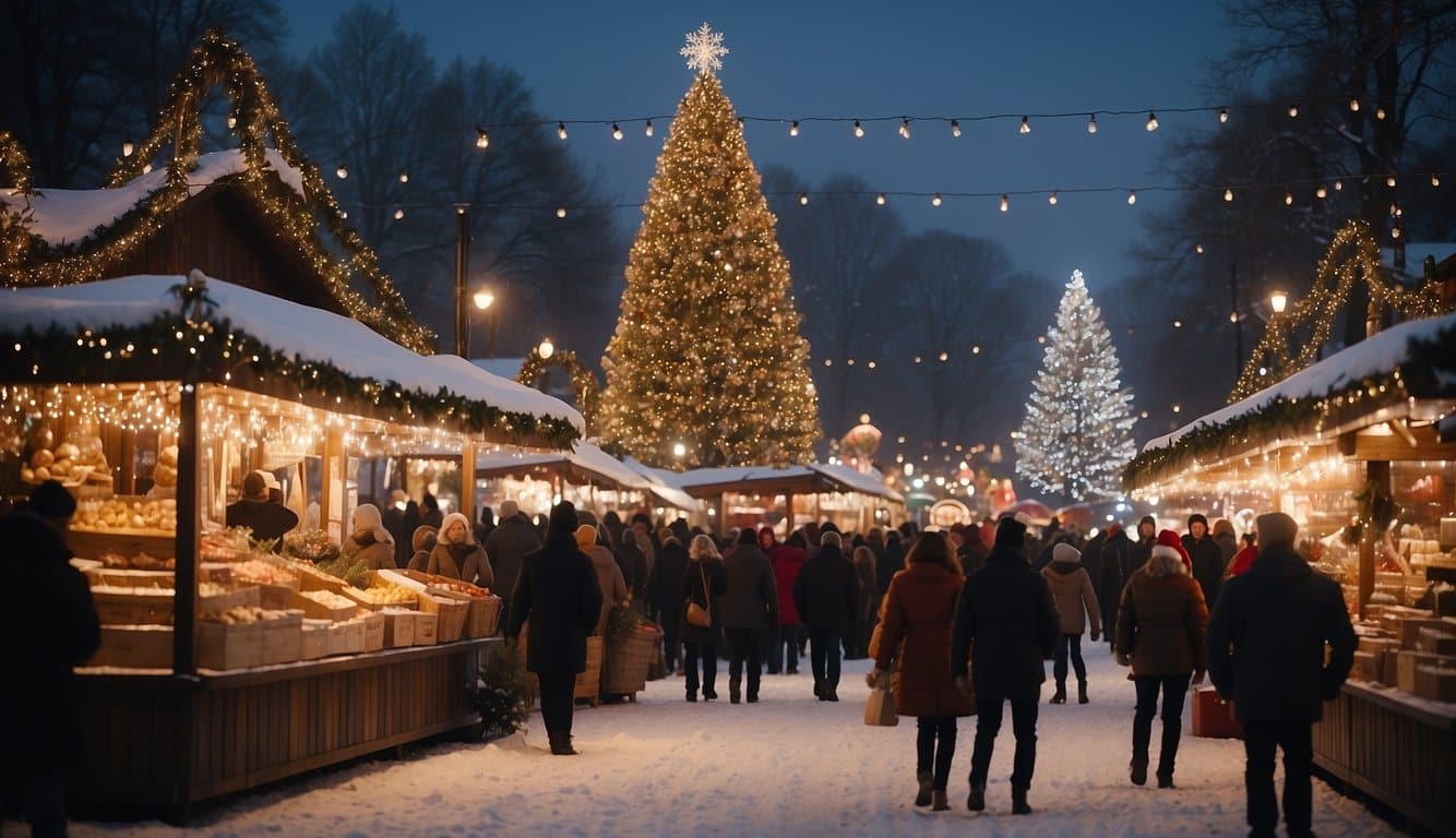 Bustling market stalls adorned with twinkling lights, selling handmade ornaments and festive treats. Snowflakes dance in the air as families gather around a towering Christmas tree, spreading holiday cheer