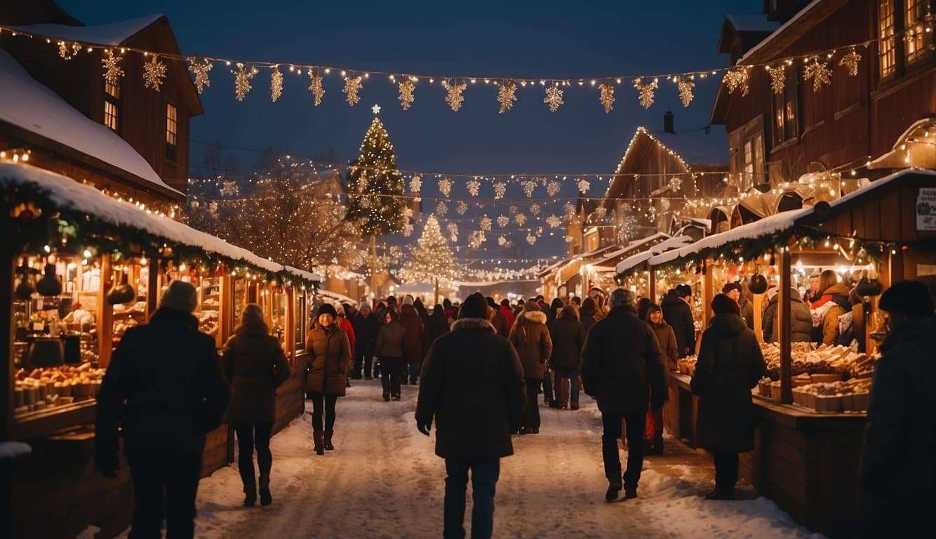 The bustling Amana Colonies German Christmas Market in Iowa, 2024, is filled with festive stalls, twinkling lights, and the aroma of mulled wine and gingerbread