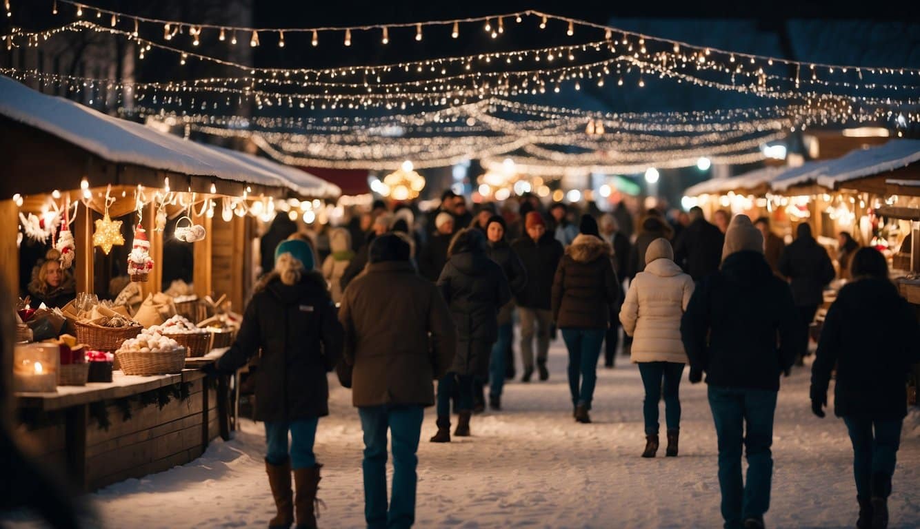 Snow-covered market stalls adorned with twinkling lights and festive decorations at Council Bluffs Christkindlmarkt, bustling with holiday shoppers in Iowa 2024