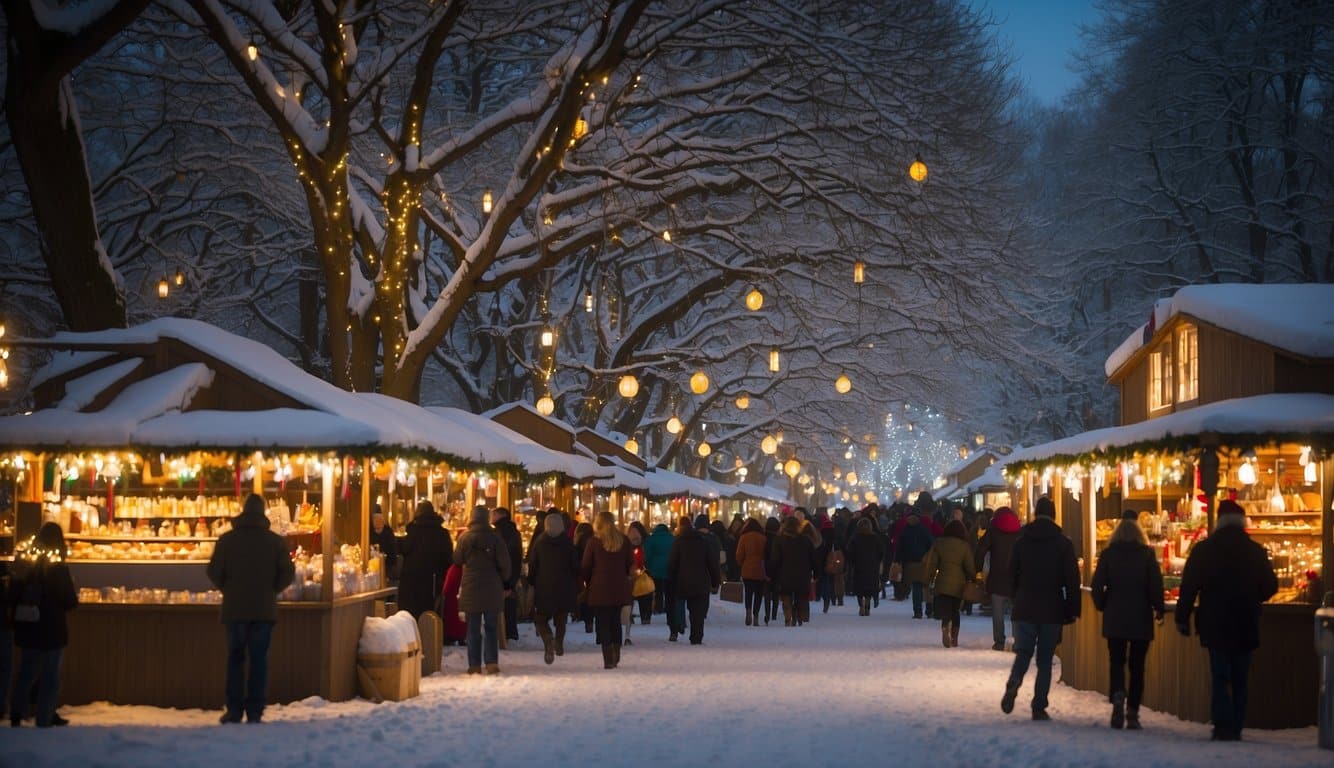 Snow-covered market stalls line the arboretum pathways, adorned with twinkling lights and festive decorations. Visitors sip hot cocoa and browse handcrafted gifts while carolers fill the air with holiday cheer