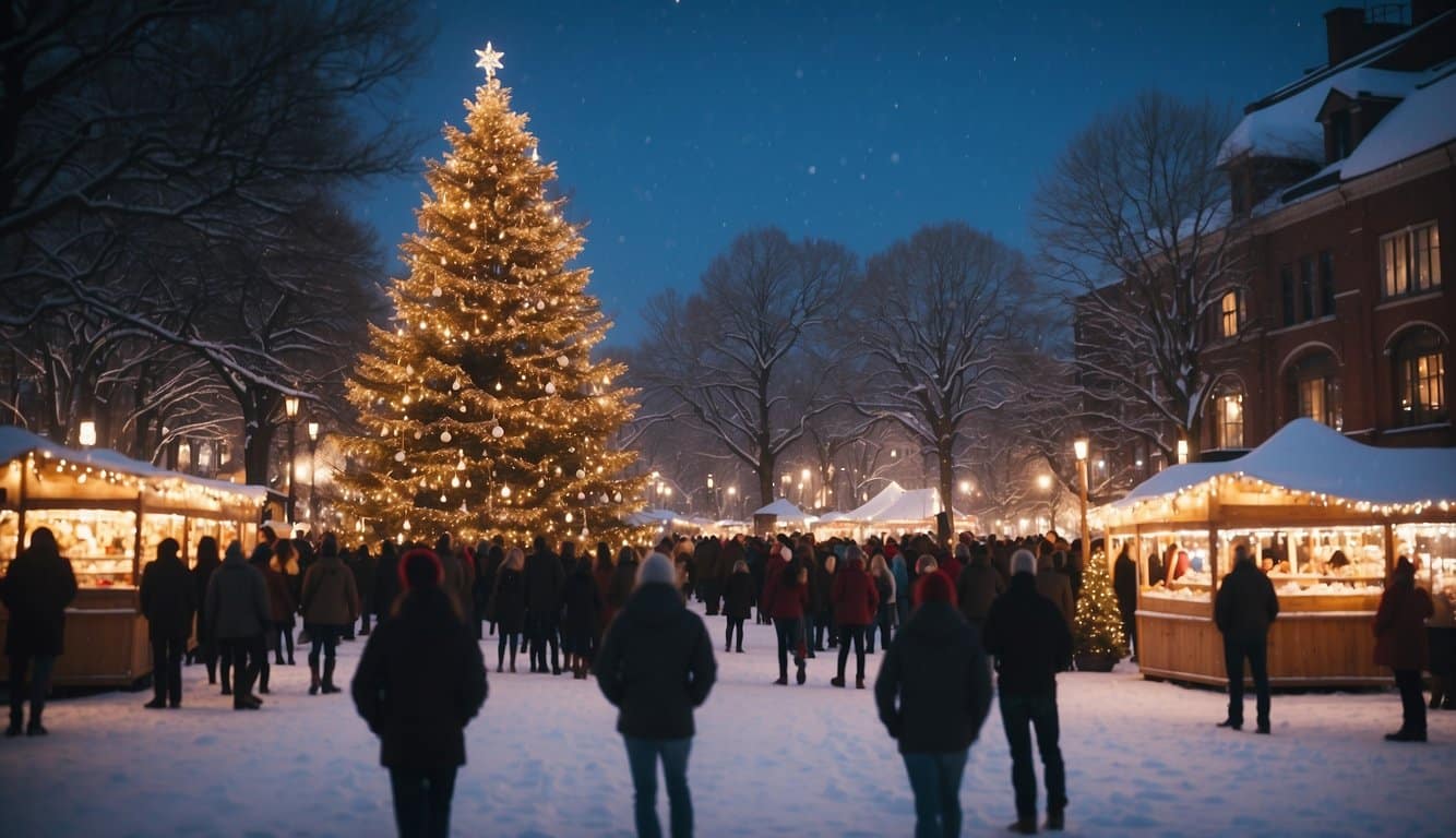 Snow-covered square with twinkling lights, festive stalls, and a towering Christmas tree. Crowds of people browse and enjoy holiday music and treats