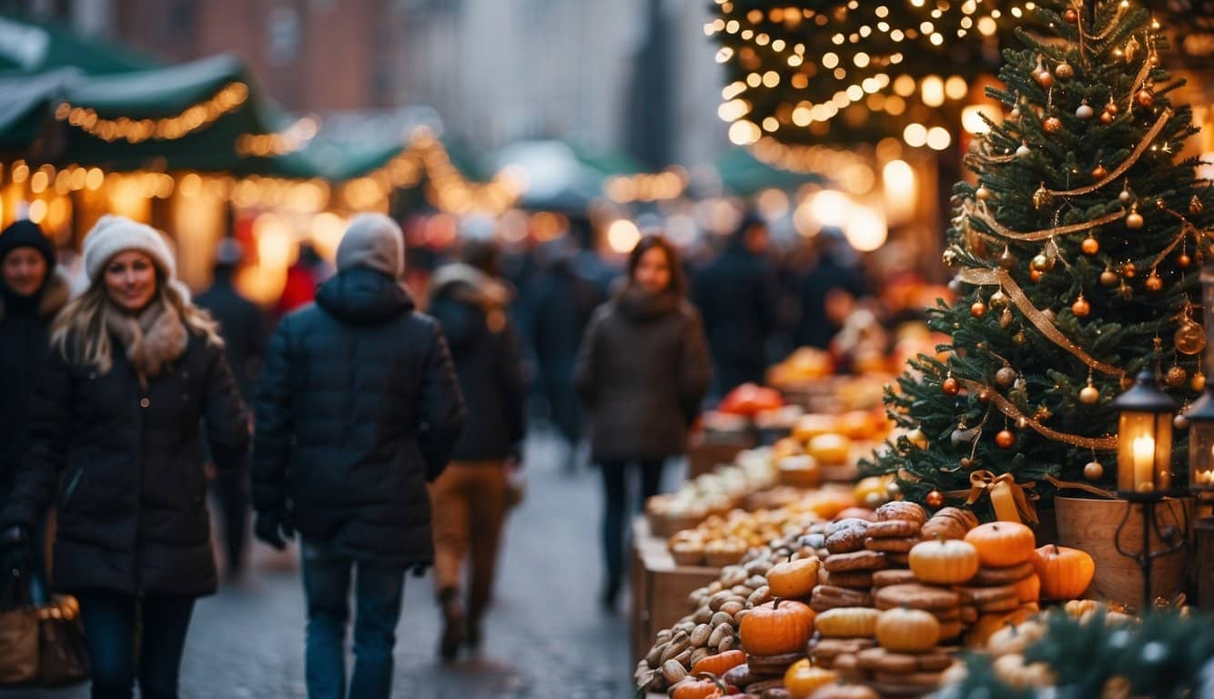 Vibrant holiday market with festive decorations, twinkling lights, and bustling crowds browsing through artisanal goods and seasonal treats