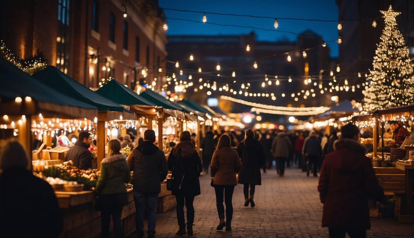 A bustling Christmas market in downtown Kansas City, with festive lights, wooden stalls, and joyful crowds