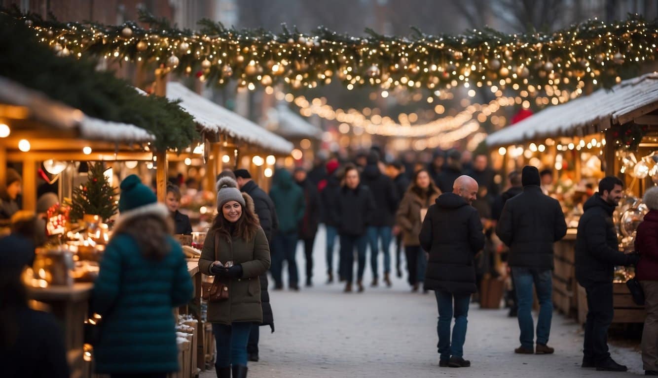 The bustling Christmas market at KC Design Center is filled with twinkling lights, festive decorations, and the aroma of hot cocoa and cinnamon. Visitors are browsing through rows of artisanal crafts and enjoying live music performances