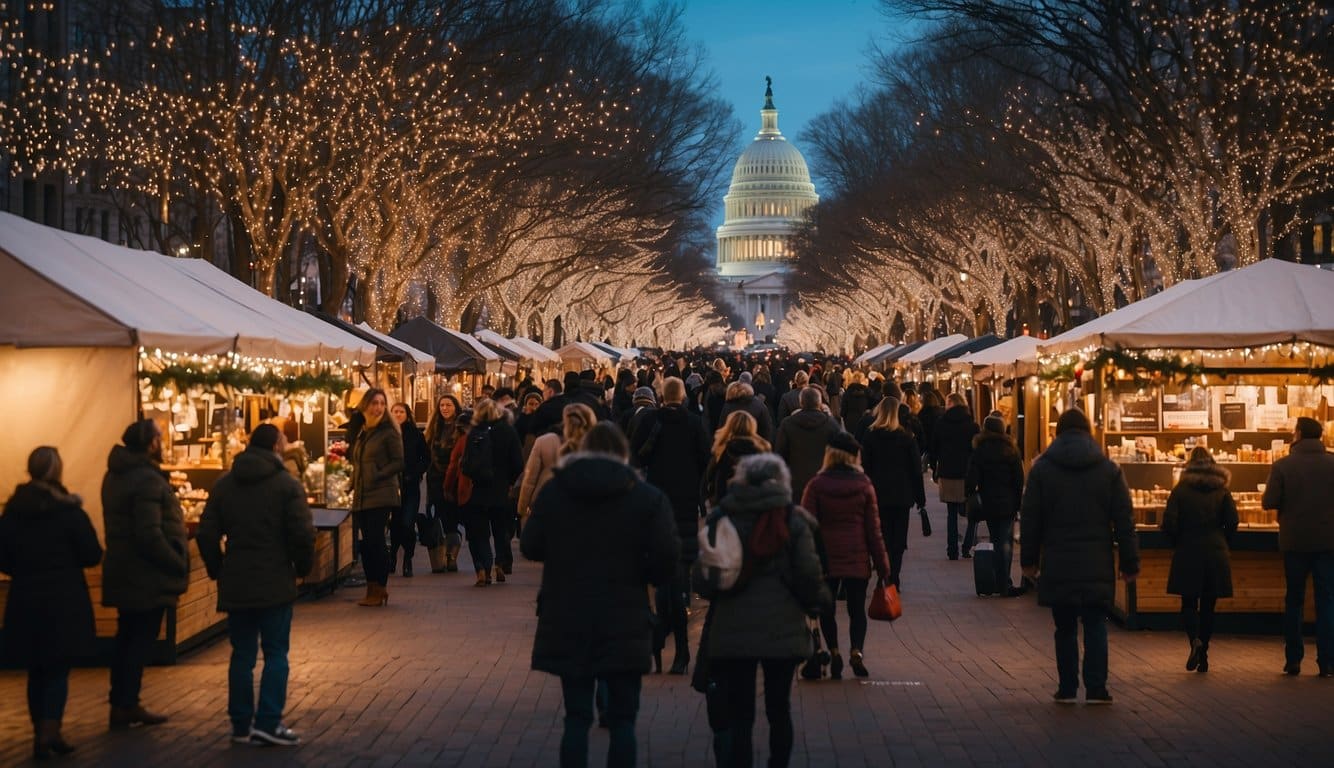 The bustling Downtown Holiday Market in Washington, D.C. is filled with festive stalls and twinkling lights, creating a magical atmosphere for visitors