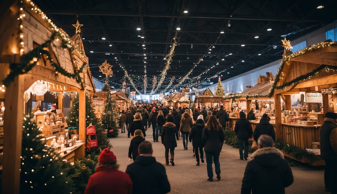 The Liberty Christmas Market in Kansas, 2024, features festive stalls, twinkling lights, and joyful carolers. A giant Christmas tree stands in the center, surrounded by families enjoying the holiday spirit