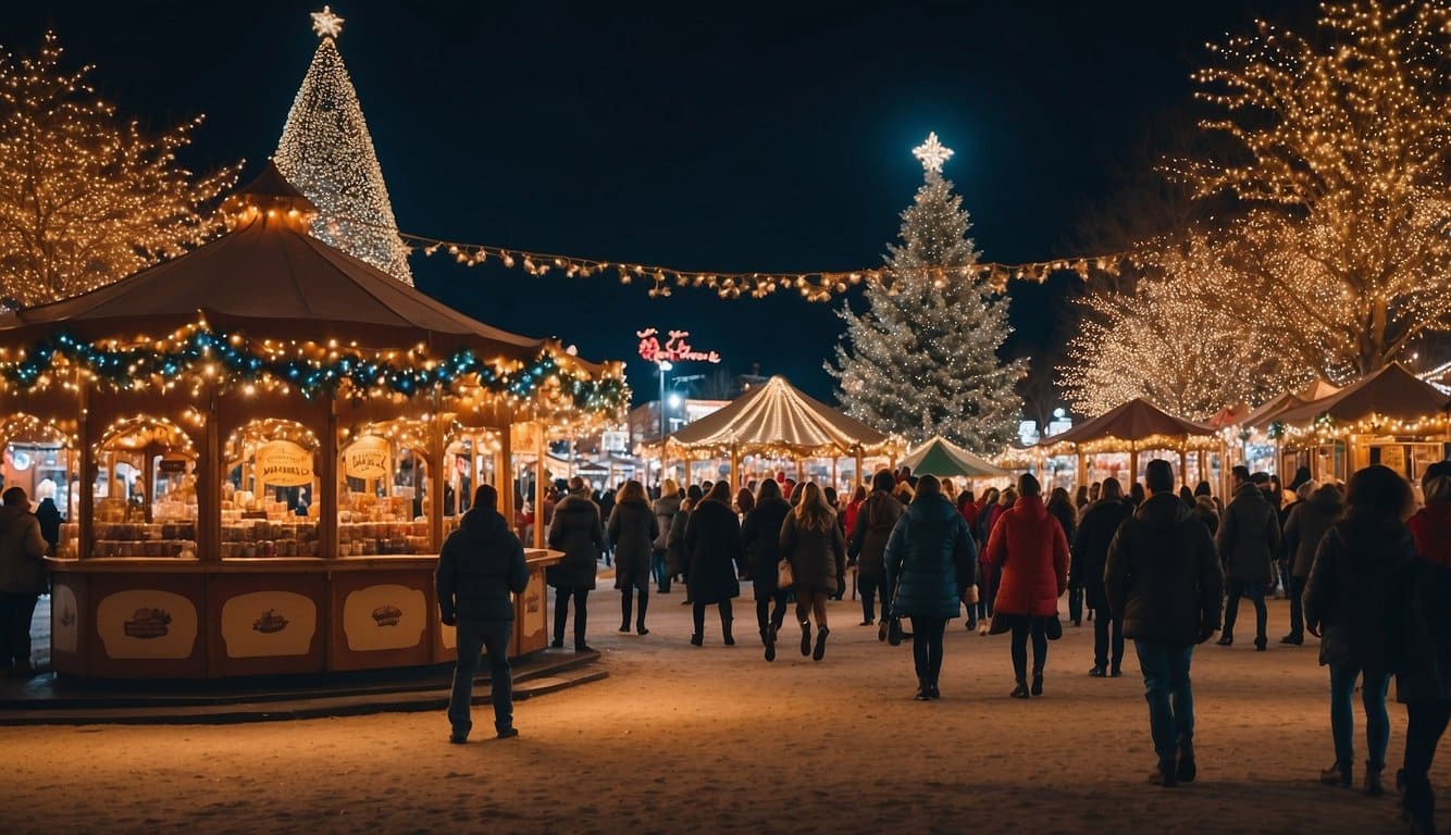 The bustling Christmas market in Kansas City, 2024, features colorful stalls, twinkling lights, and festive decorations. A carousel spins merrily, while the scent of roasted nuts and hot cocoa fills the air