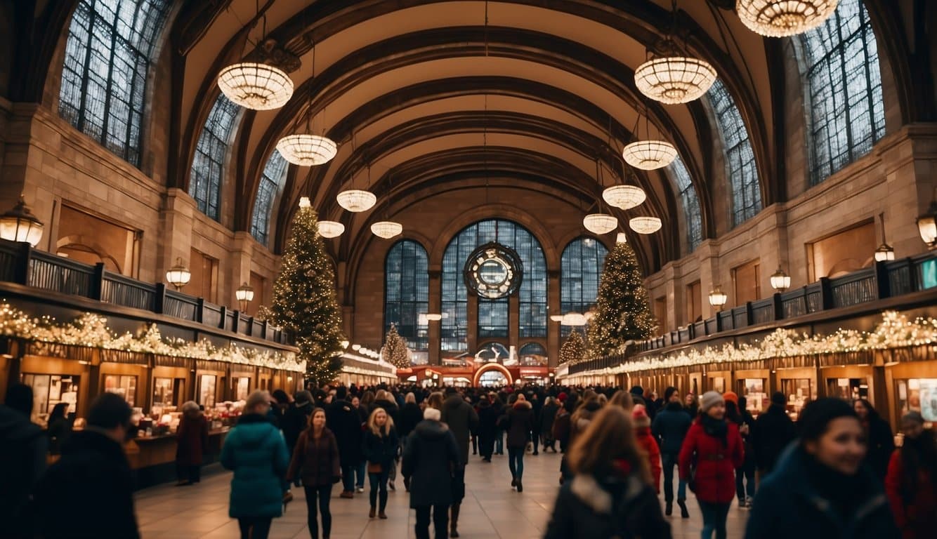 A festive indoor market with arched ceilings and chandeliers, decorated with Christmas lights and trees, crowded with people walking. Experience the magic at the Kansas Christmas Markets 2024!