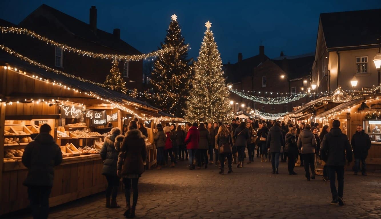 Festive lights adorn wooden stalls selling crafts and treats at the bustling Christmas market in Kentucky 2024. Crowds gather amid the cheerful atmosphere