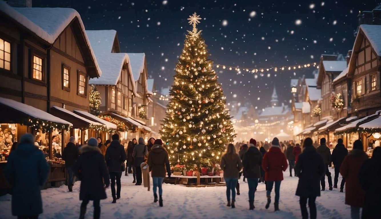 Snow-covered village with twinkling lights, festive stalls, and joyful carolers. A towering Christmas tree stands in the center, surrounded by bustling shoppers and the scent of hot cocoa and roasted chestnuts