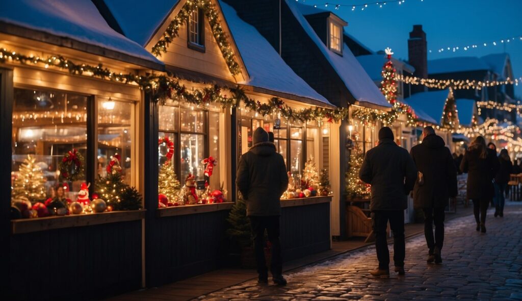 People walk along a decorated street with holiday lights and festive shop windows at dusk.