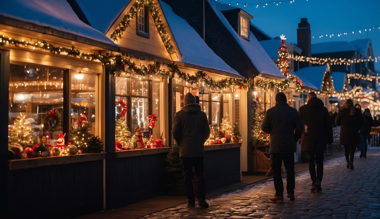 People walk along a decorated street with holiday lights and festive shop windows at dusk.