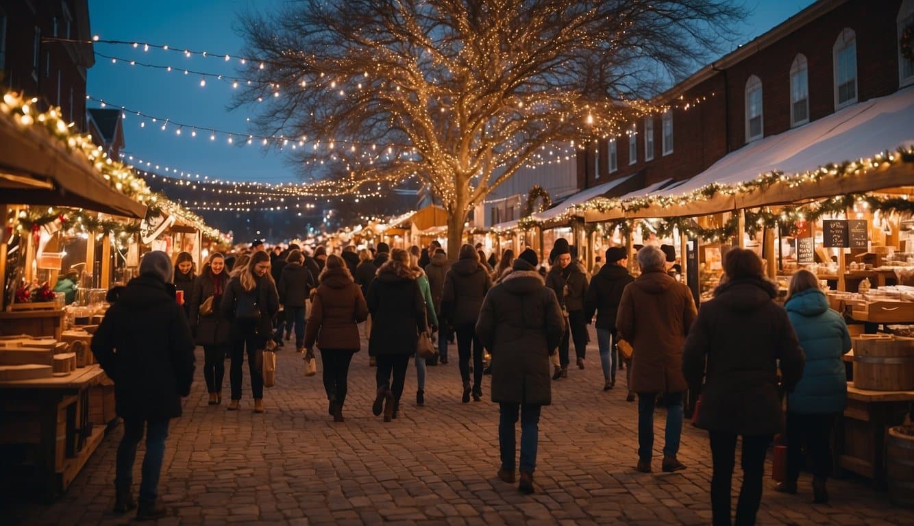 The Bardstown Christmas Market in Kentucky, 2024, bustles with festive stalls and twinkling lights. Aromas of hot cocoa and cinnamon fill the air as visitors browse handmade gifts and sample seasonal treats