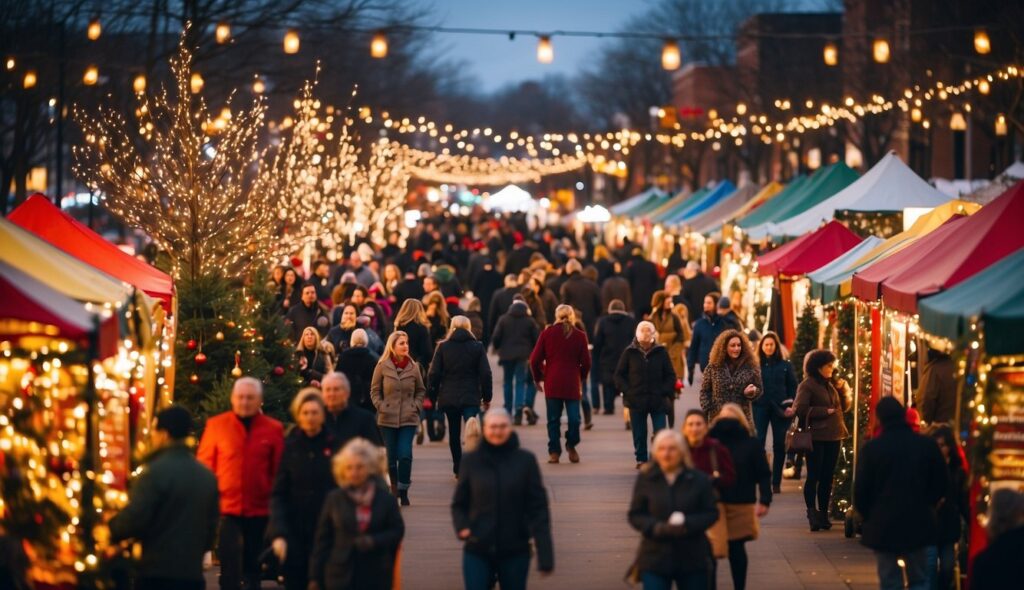 People walking through the festive Christmas Markets Kentucky 2024, with colorful stalls and string lights illuminating the evening.