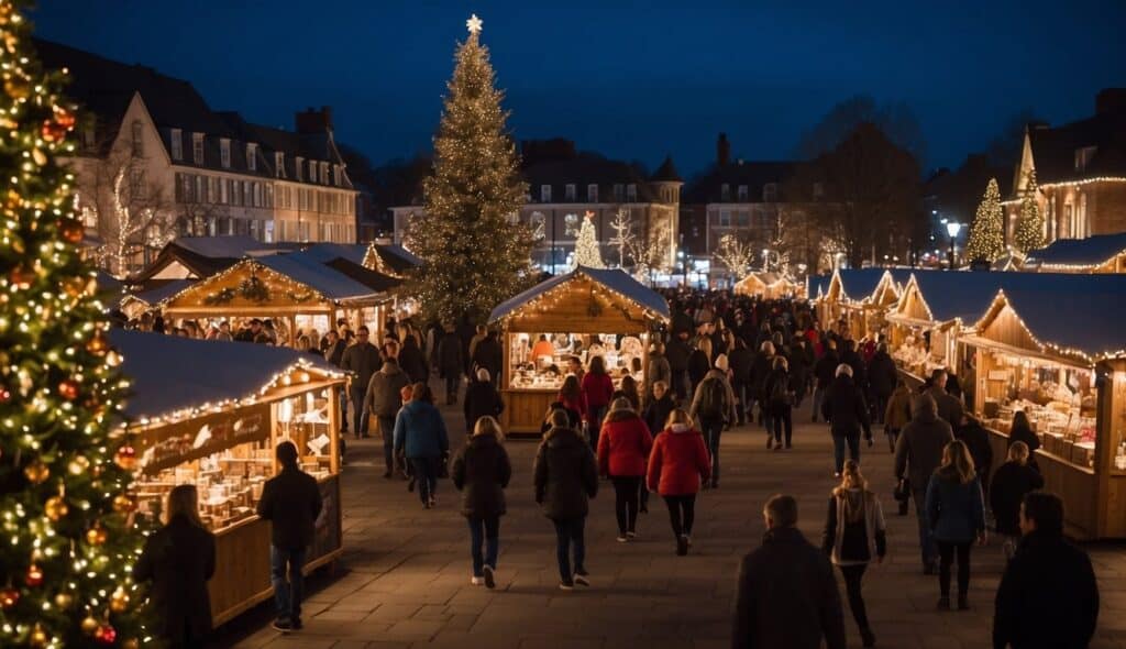 A bustling outdoor Christmas market at night, featuring wooden stalls adorned with lights and a large decorated Christmas tree in the center. People are walking and browsing the festive stalls at the lively Christmas Markets Kentucky 2024.