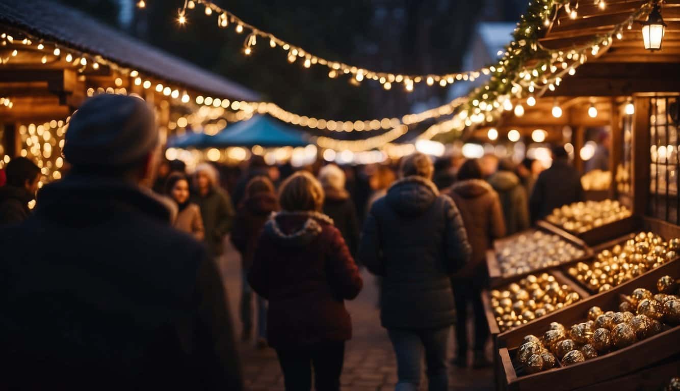 Festive lights adorn wooden stalls selling local crafts & holiday treats. A brass band plays traditional carols as families stroll through the lively market