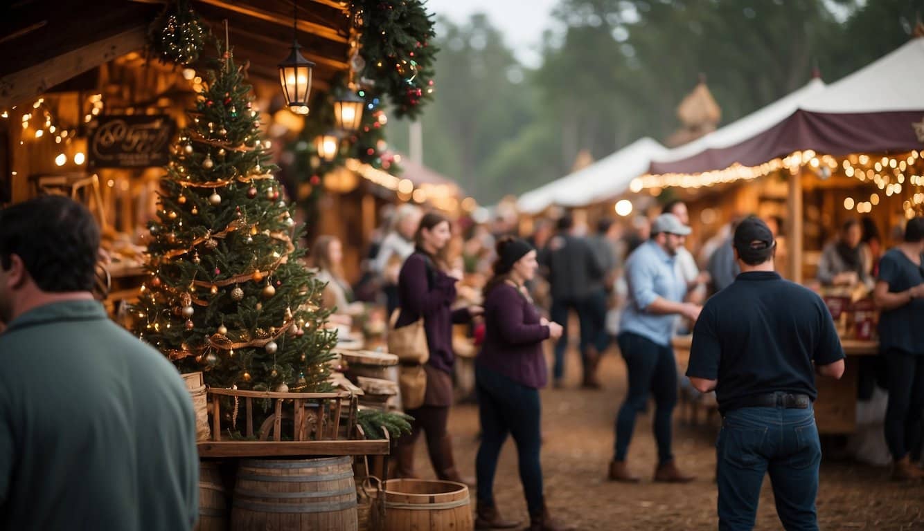 The Louisiana Renaissance Festival Christmas Market bustles with festive energy, as vendors display their wares in charming wooden stalls adorned with twinkling lights. The air is filled with the scent of spiced cider and roasted nuts, and merry music drifts through the