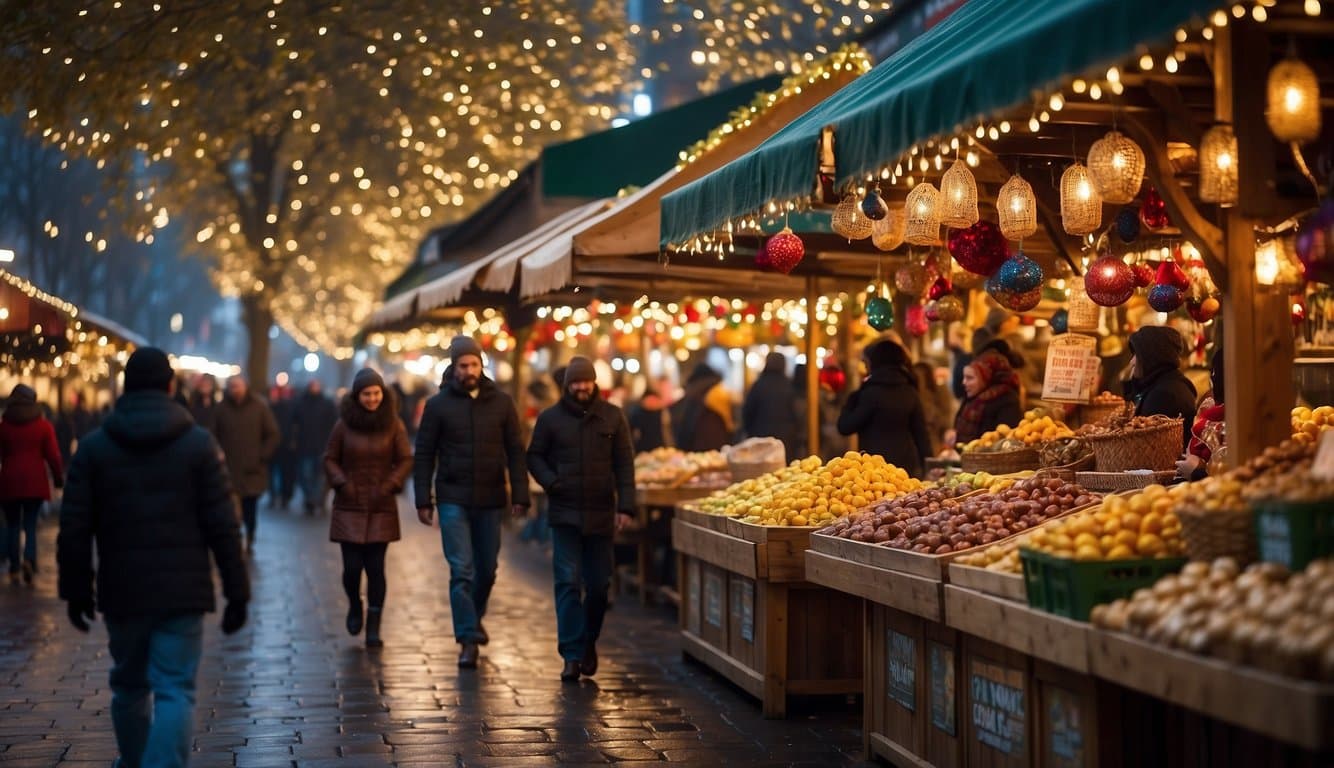 Colorful market stalls line the streets, adorned with twinkling lights and festive decorations. The air is filled with the scent of roasted chestnuts and hot cocoa, as locals and tourists alike browse the array of handcrafted gifts and holiday treats