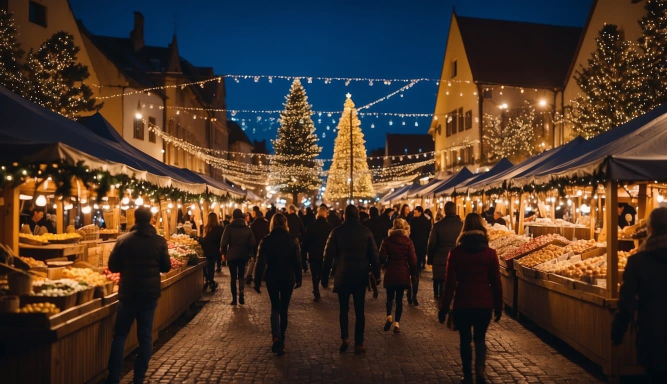 Colorful Christmas market with twinkling lights, festive decorations, and lively music. Vendors selling handmade crafts, local foods, and holiday treats. Joyful atmosphere with families and friends enjoying the holiday spirit