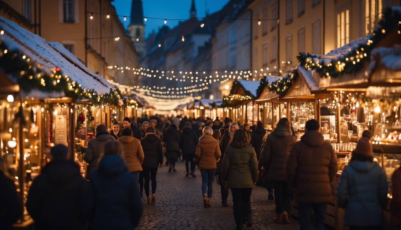 Colorful booths line the streets, adorned with festive lights and decorations. Crowds of people browse through the Christmas markets, sipping on hot cocoa and admiring the handmade crafts